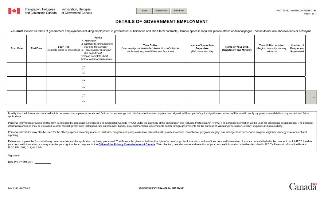 Form IMM0149 Details of Government Employment - Canada