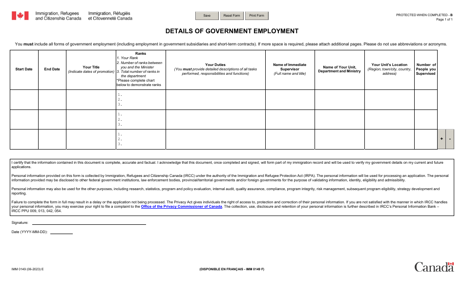 Form IMM0149 Details of Government Employment - Canada, Page 1