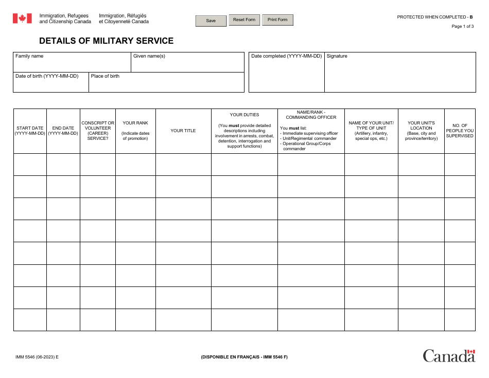 Form IMM5546 Details of Military Service - Canada, Page 1
