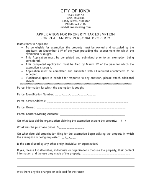 Application for Property Tax Exemption for Real and / or Personal Property - City of Ionia, Michigan Download Pdf