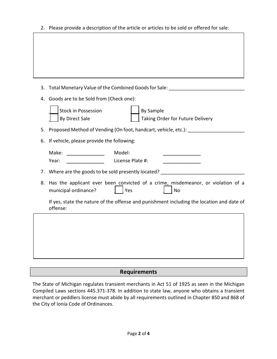 Transient Merchant, Peddler,  Solicitor License Application - City of Ionia, Michigan, Page 2