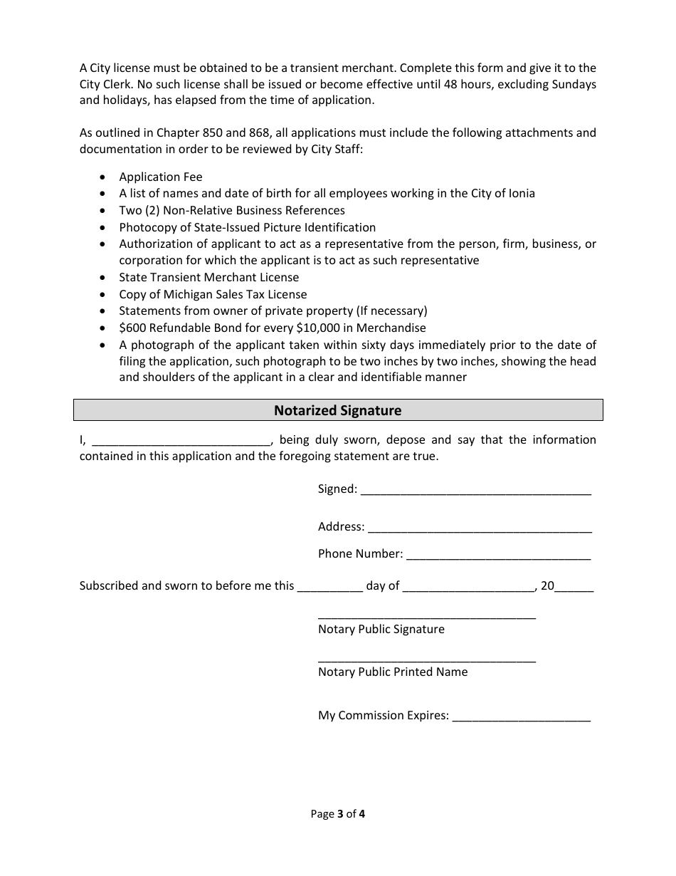 Transient Merchant, Peddler,  Solicitor License Application - City of Ionia, Michigan, Page 3