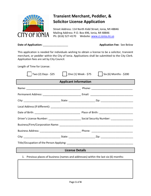Transient Merchant, Peddler, & Solicitor License Application - City of Ionia, Michigan Download Pdf