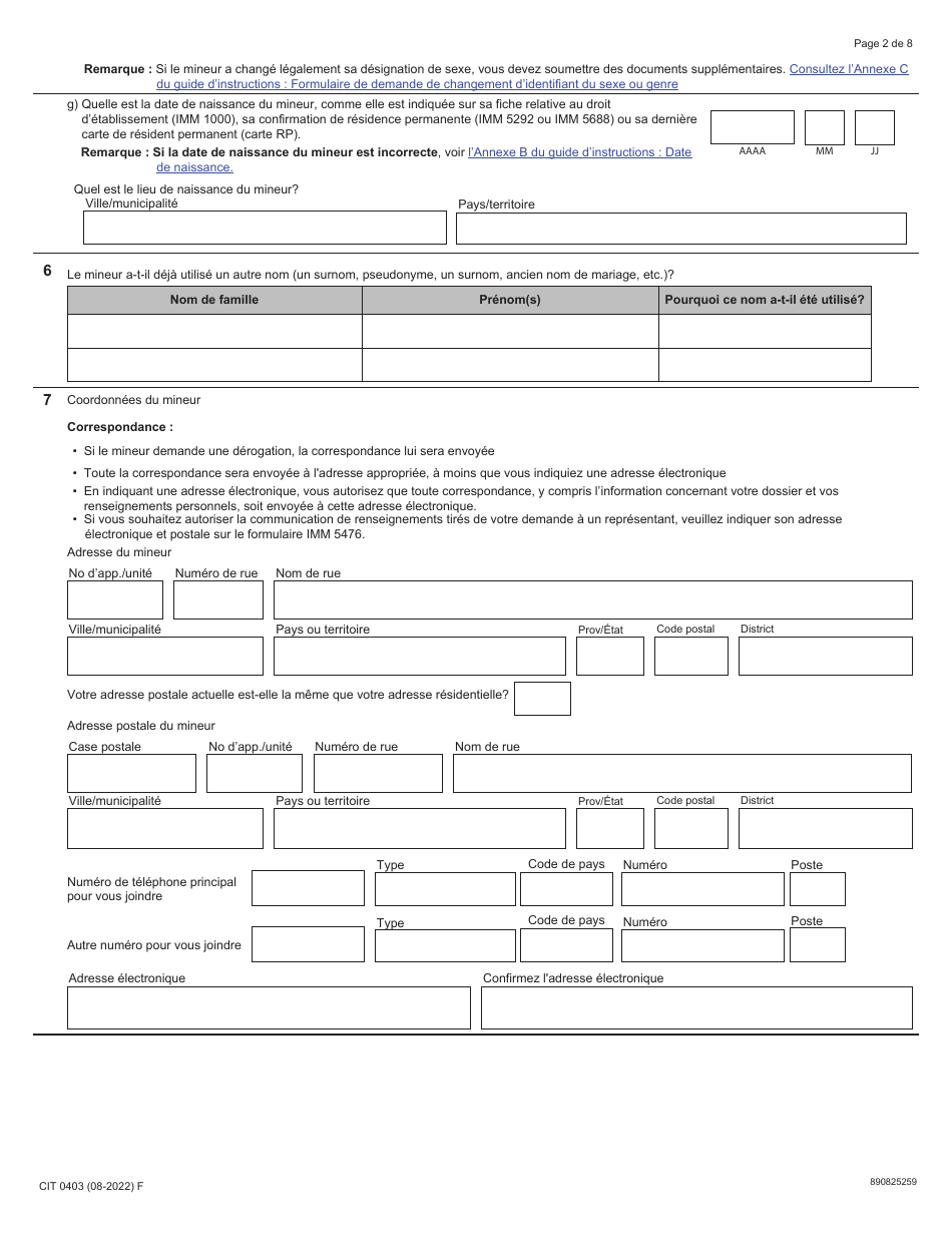 Forme CIT0403 Demande De Citoyennete Canadienne - Mineurs (Moins De 18 Ans) En Vertu Du Paragraphe 5(1) - Canada (French), Page 2