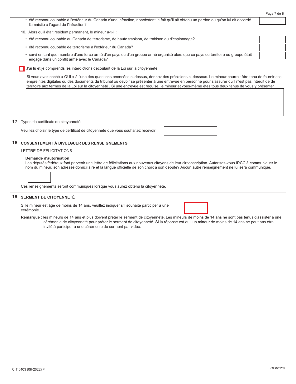 Forme CIT0403 Demande De Citoyennete Canadienne - Mineurs (Moins De 18 Ans) En Vertu Du Paragraphe 5(1) - Canada (French), Page 7