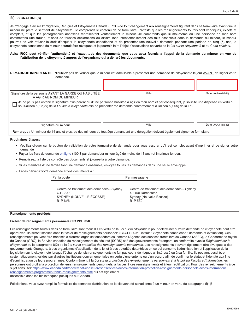 Forme CIT0403 Demande De Citoyennete Canadienne - Mineurs (Moins De 18 Ans) En Vertu Du Paragraphe 5(1) - Canada (French), Page 8