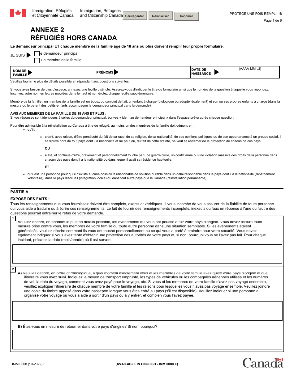 Forme IMM0008 Annexe 2 Refugies Hors Canada - Canada (French), Page 1