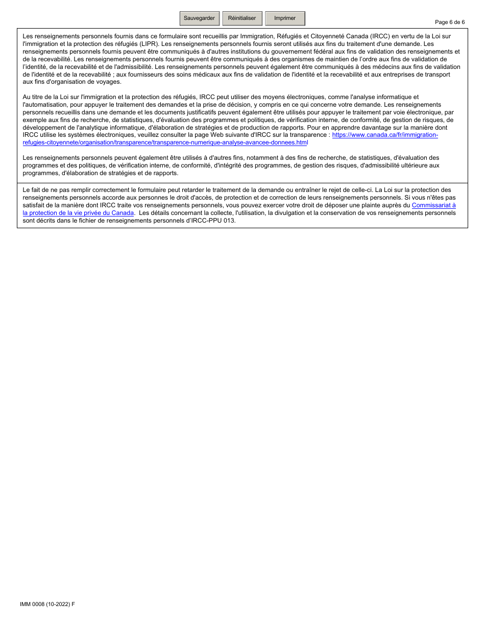 Forme IMM0008 Annexe 2 Refugies Hors Canada - Canada (French), Page 6