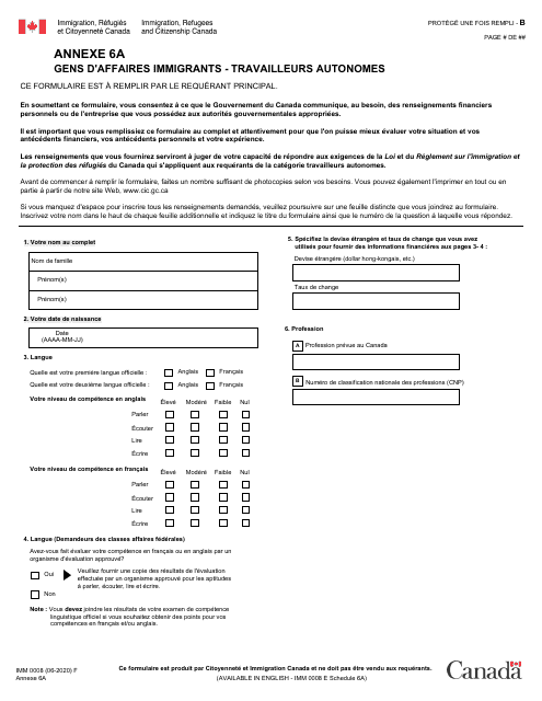 Forme IMM0008 Agenda 6A Gens D'affaires Immigrants - Travailleurs Autonomes - Canada (French)