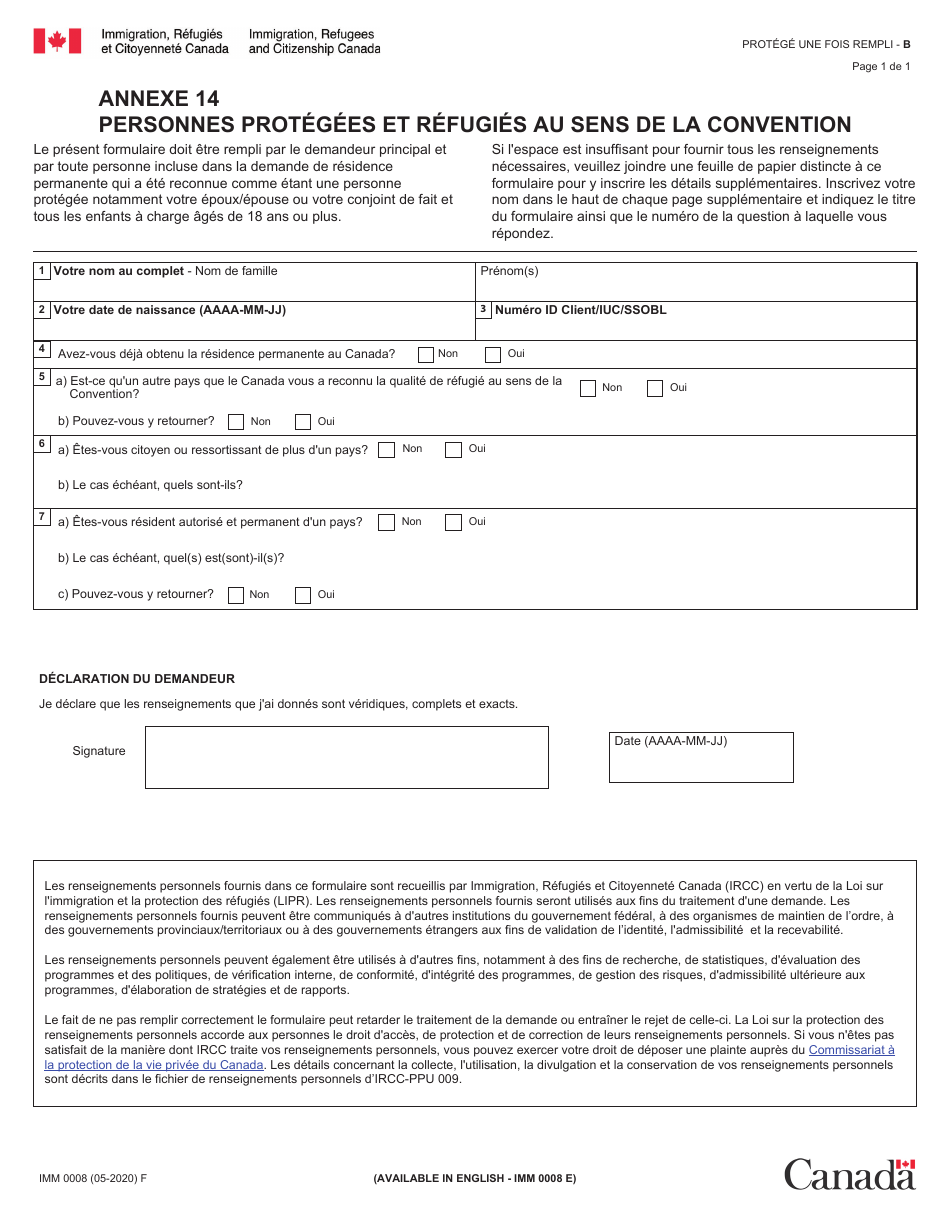 Forme IMM0008 Agenda 14 Personnes Protegees Et Refugies Au Sens De La Convention - Canada (French), Page 1