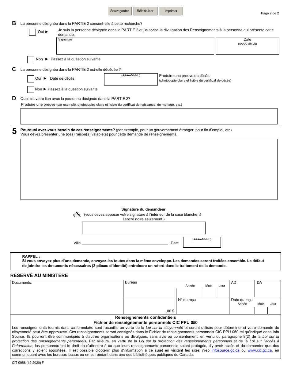 Forme CIT0058 Demande De Recherche Dans Les Dossiers De La Citoyennete - Canada (French), Page 2