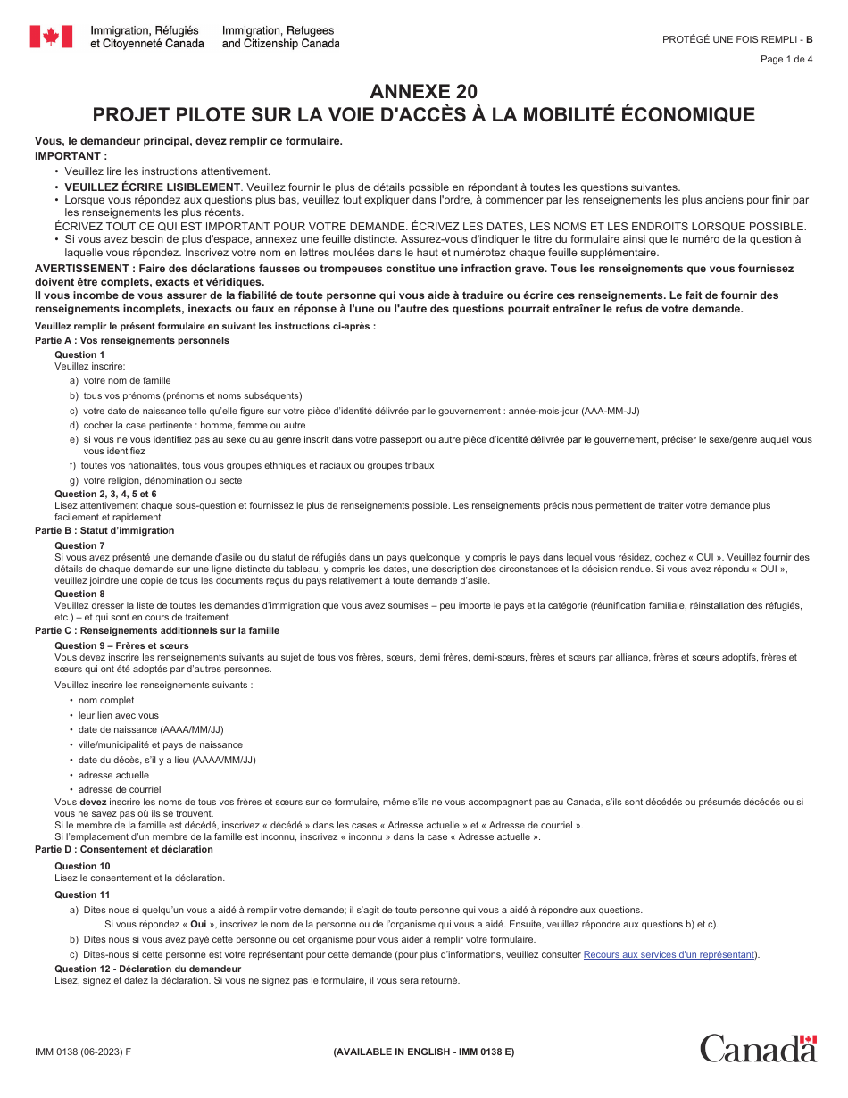 Forme IMM0138 Agenda 20 Project Pilote Sur La Voie Dacces a La Mobilite Economique - Canada (French), Page 1