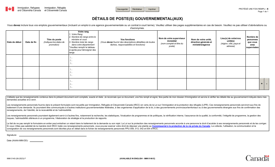 Forme IMM0149 Details De Poste(S) Gouvernemental(Aux) - Canada (French), Page 1
