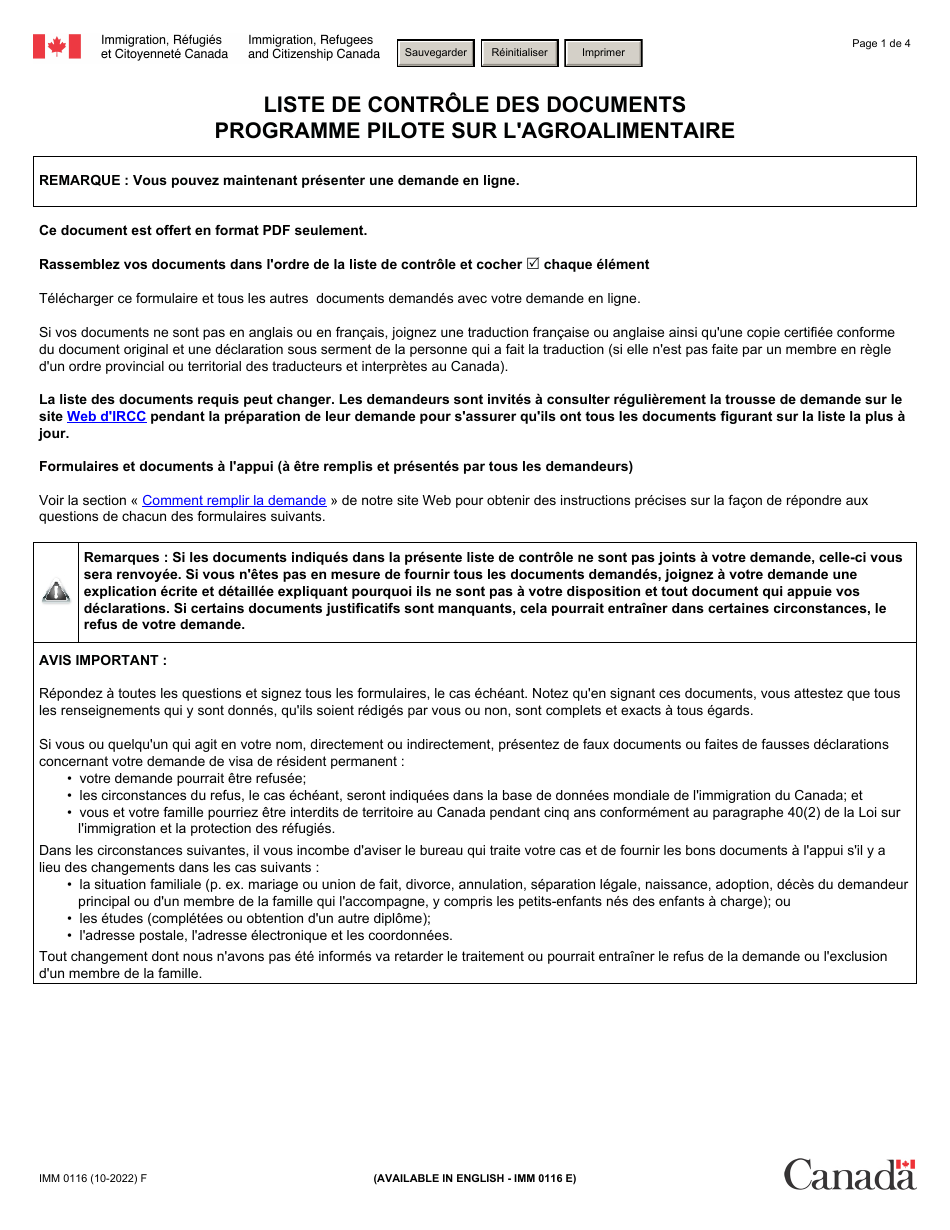 Forme IMM0116 Liste De Controle DES Documents : Programme Pilots Sur Lagroalimentaire - Canada (French), Page 1