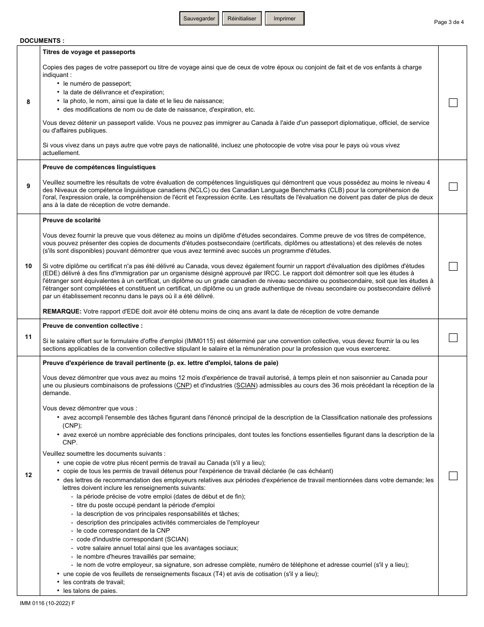Forme IMM0116 Liste De Controle DES Documents : Programme Pilots Sur Lagroalimentaire - Canada (French), Page 3