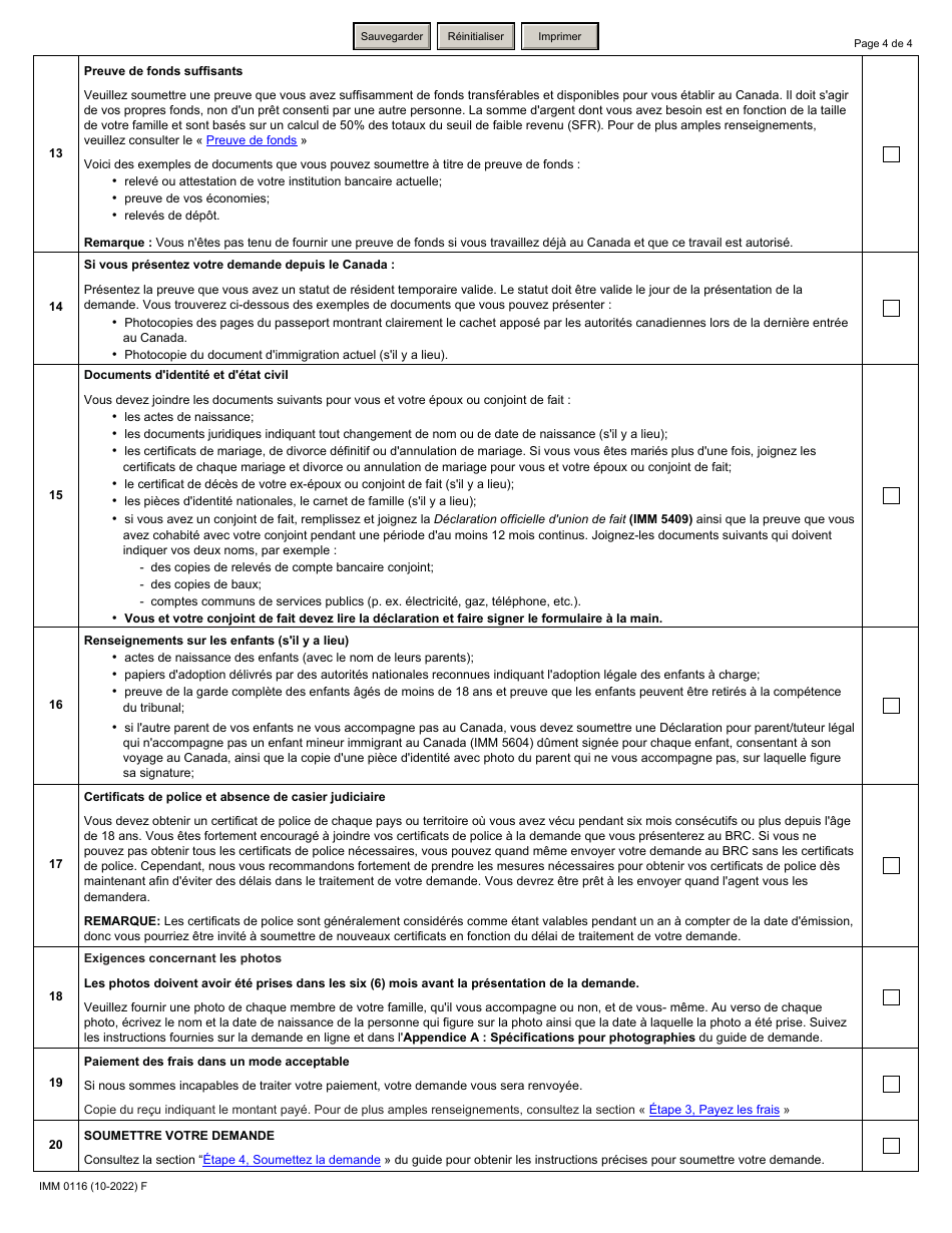 Forme IMM0116 Liste De Controle DES Documents : Programme Pilots Sur Lagroalimentaire - Canada (French), Page 4
