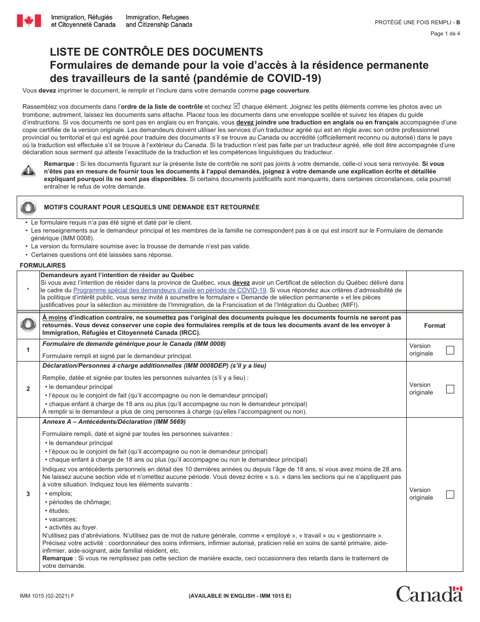 Forme IMM1015 Liste De Controle DES Documents: Formulaires De Demande Pour La Voie Dacces a La Residence Permanente DES Travailleurs De La Sante (Pandemie De Covid-19) - Canada (French), Page 1