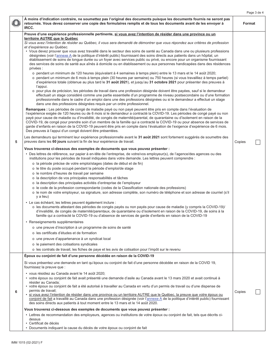 Forme IMM1015 Liste De Controle DES Documents: Formulaires De Demande Pour La Voie Dacces a La Residence Permanente DES Travailleurs De La Sante (Pandemie De Covid-19) - Canada (French), Page 3