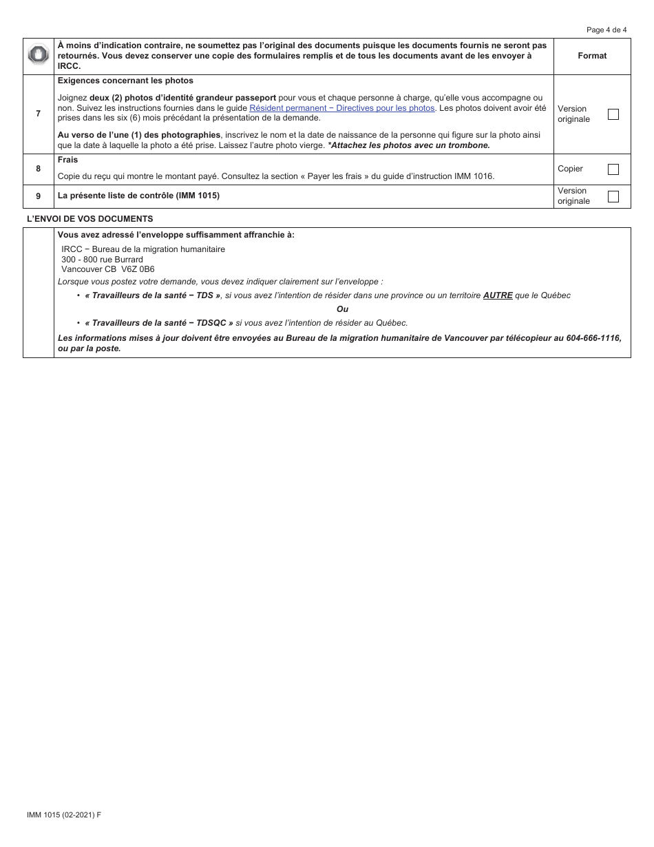 Forme IMM1015 Liste De Controle DES Documents: Formulaires De Demande Pour La Voie Dacces a La Residence Permanente DES Travailleurs De La Sante (Pandemie De Covid-19) - Canada (French), Page 4