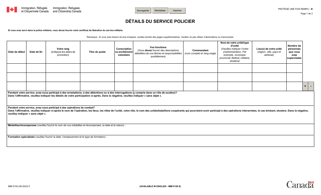 Forme IMM0150 Details Du Service Policier - Canada (French)