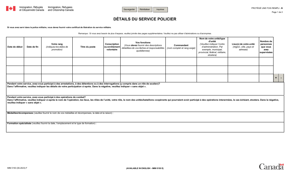 Forme IMM0150 Details Du Service Policier - Canada (French), Page 1