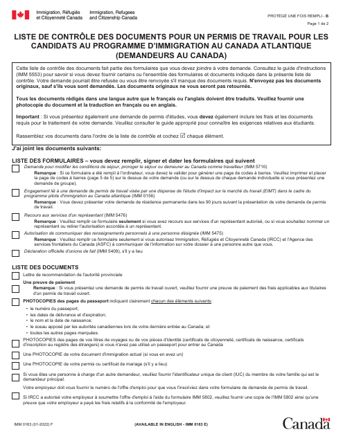 Forme IMM0163 List De Controle DES Documents Pour Un Permis De Travail Pour Les Candidats Au Programme D'immigration Au Canada Atlantique (Demandeurs Au Canada) - Canada (French)