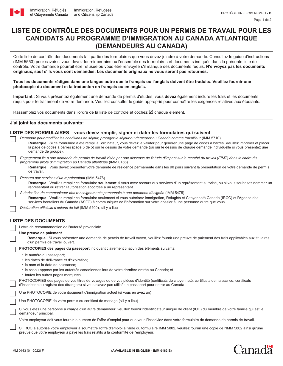 Forme IMM0163 List De Controle DES Documents Pour Un Permis De Travail Pour Les Candidats Au Programme Dimmigration Au Canada Atlantique (Demandeurs Au Canada) - Canada (French), Page 1