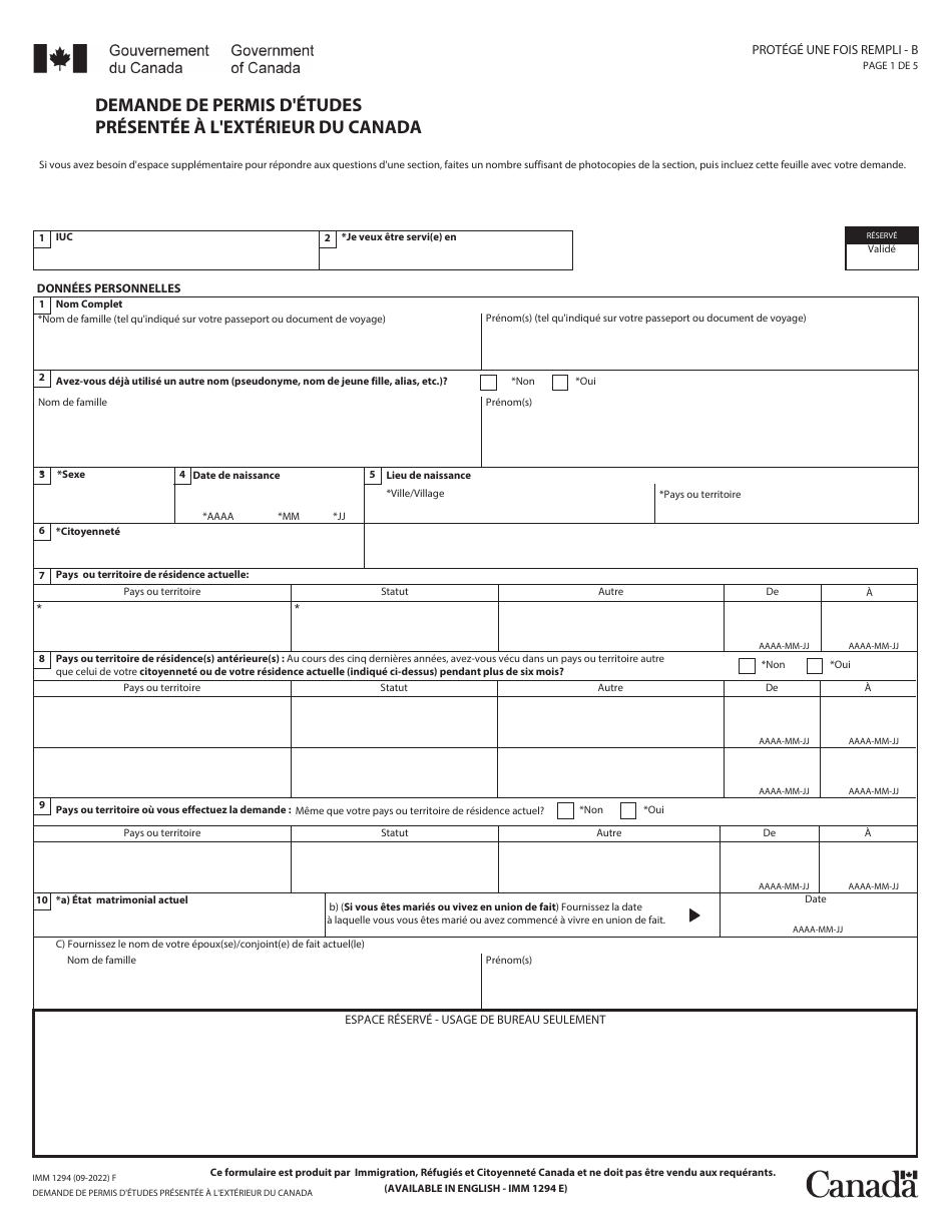 Forme IMM1294 Demande De Permis Detudes Presentee a Lexterieur Du Canada - Canada (French), Page 1