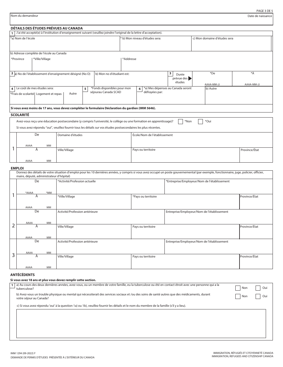 Forme IMM1294 Download Fillable PDF or Fill Online Demande De Permis D ...