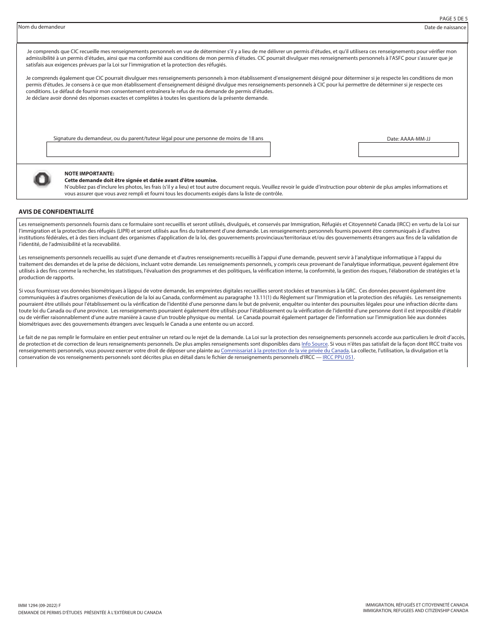 Forme IMM1294 Demande De Permis Detudes Presentee a Lexterieur Du Canada - Canada (French), Page 5