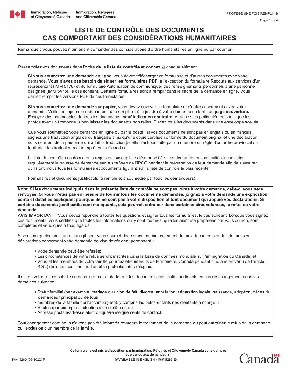 Forme IMM5280 Liste De Controle DES Documents - Cas Comportant DES Considerations Humanitaires - Canada (French), Page 1