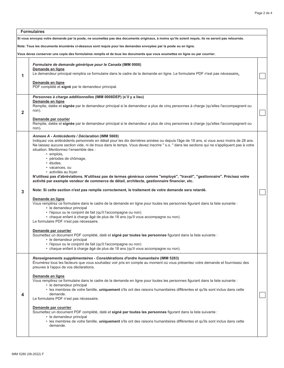 Forme IMM5280 Liste De Controle DES Documents - Cas Comportant DES Considerations Humanitaires - Canada (French), Page 2