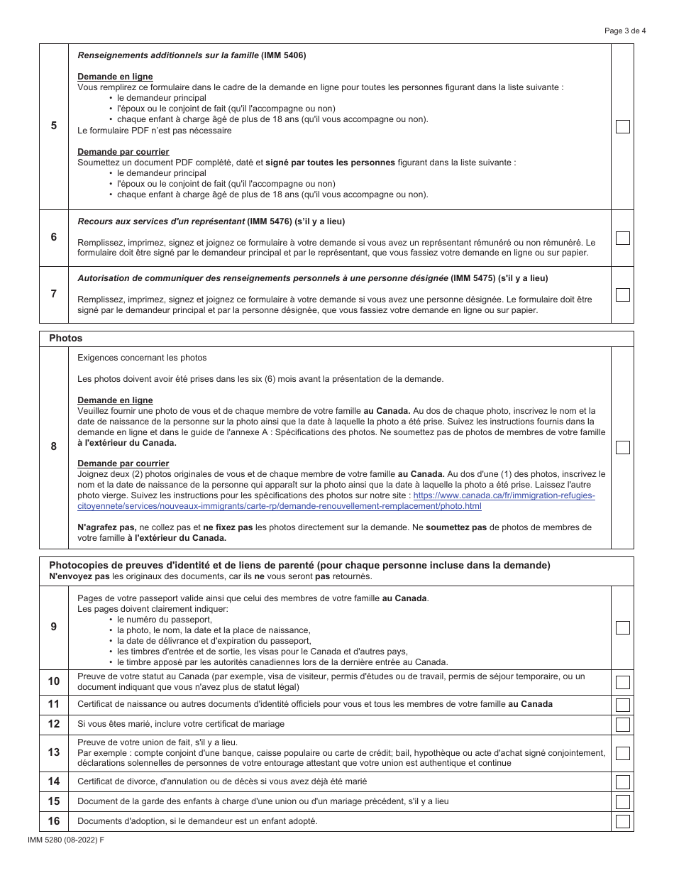Forme IMM5280 Liste De Controle DES Documents - Cas Comportant DES Considerations Humanitaires - Canada (French), Page 3