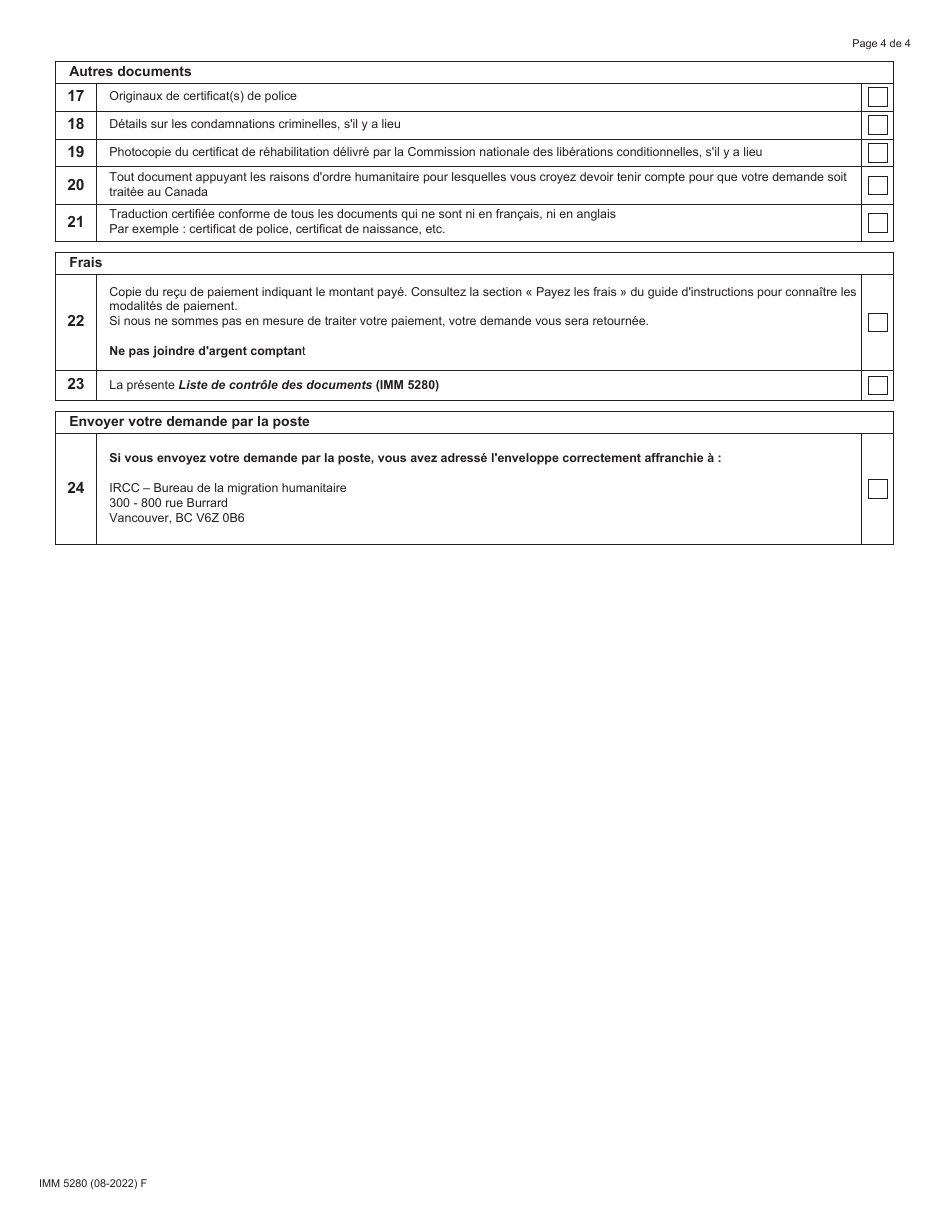 Forme IMM5280 Liste De Controle DES Documents - Cas Comportant DES Considerations Humanitaires - Canada (French), Page 4