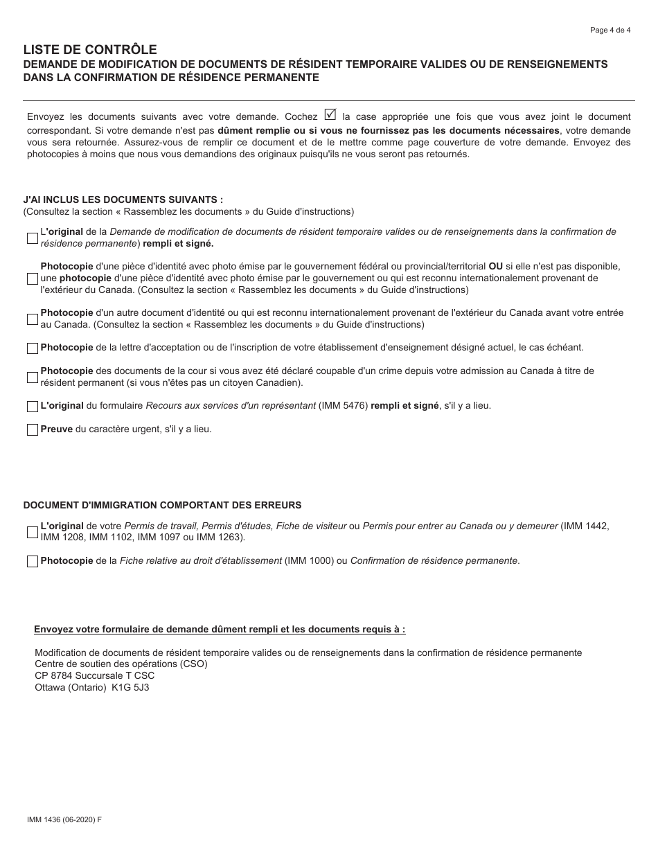 Forme IMM1436 Demande De Modification De La Fiche Relative Au Droit Detablissement, De La Confirmation De Residence Permanente Ou De Documents De Resident Temporaire Valides - Canada (French), Page 4