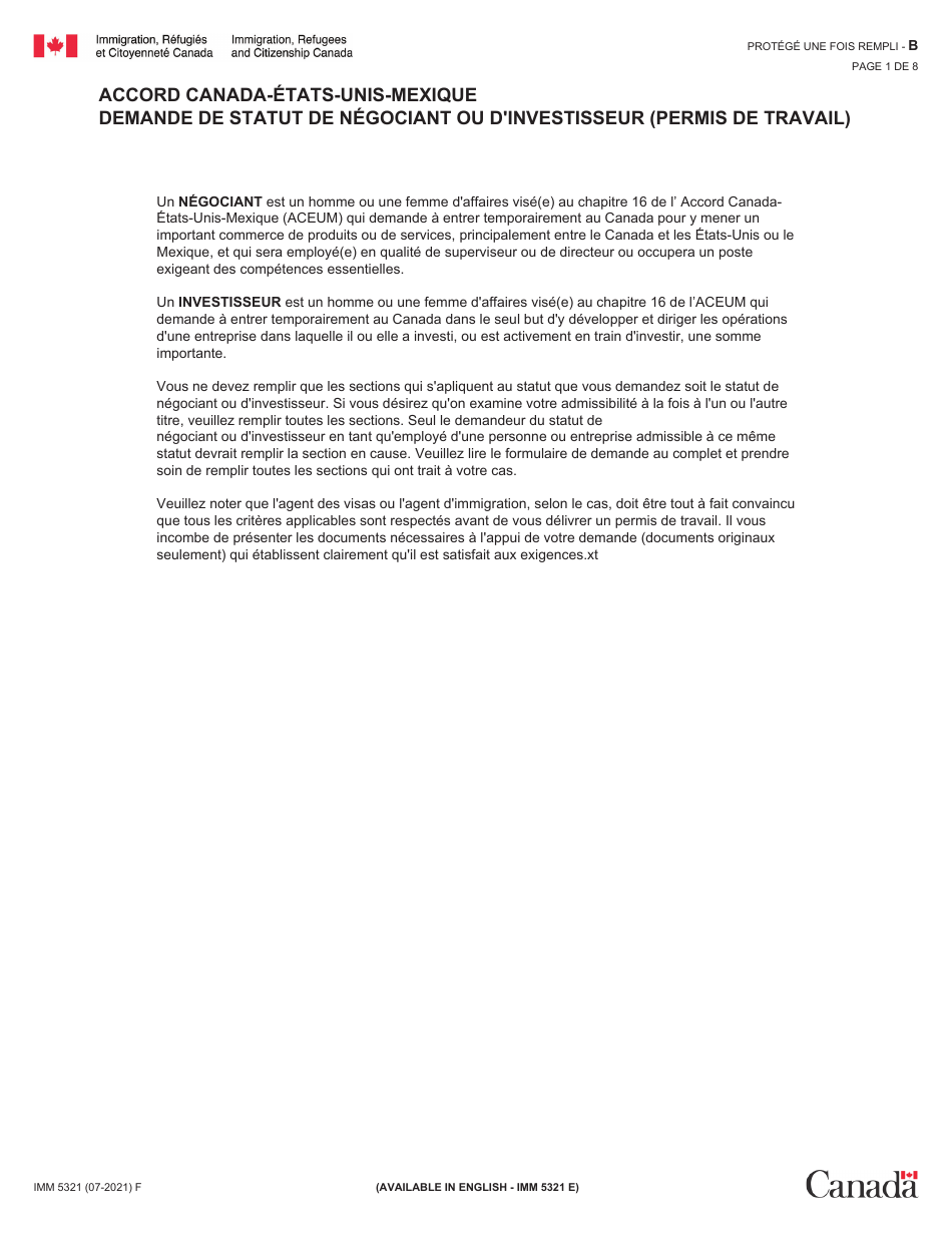 Forme IMM5321 Accord Canada-Etats-Unis-Mexique - Demande De Statut De Negociant Ou Dinvestisseur (Permis De Travail) - Canada (French), Page 1