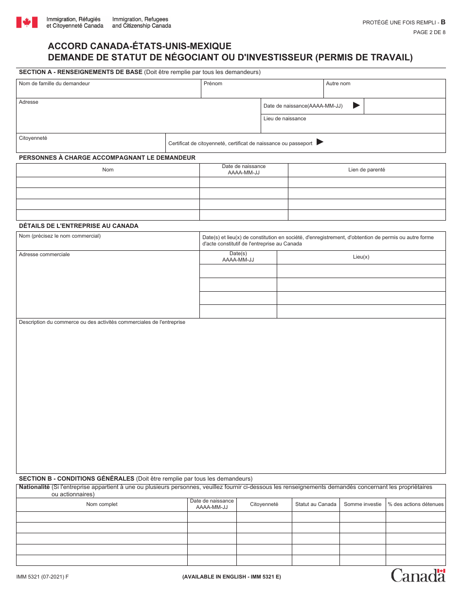 Forme IMM5321 Accord Canada-Etats-Unis-Mexique - Demande De Statut De Negociant Ou Dinvestisseur (Permis De Travail) - Canada (French), Page 2