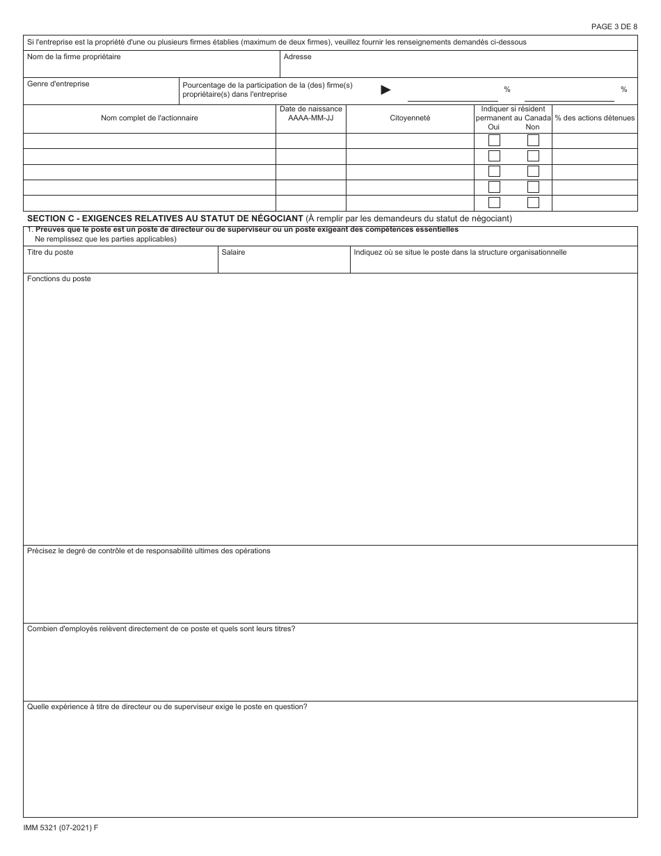 Forme IMM5321 Accord Canada-Etats-Unis-Mexique - Demande De Statut De Negociant Ou Dinvestisseur (Permis De Travail) - Canada (French), Page 3
