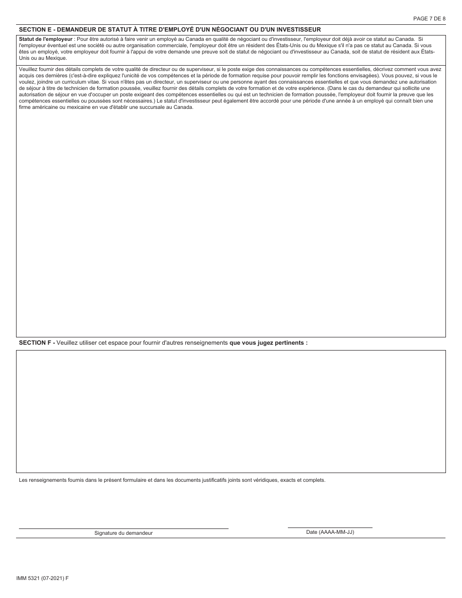 Forme IMM5321 Accord Canada-Etats-Unis-Mexique - Demande De Statut De Negociant Ou Dinvestisseur (Permis De Travail) - Canada (French), Page 7