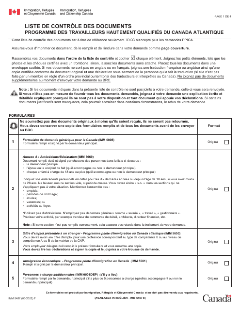Form IMM5457 Liste De Controle DES Documents - Programme DES Travailleurs Hautement Qualifie Du Canada Atlantique (French)