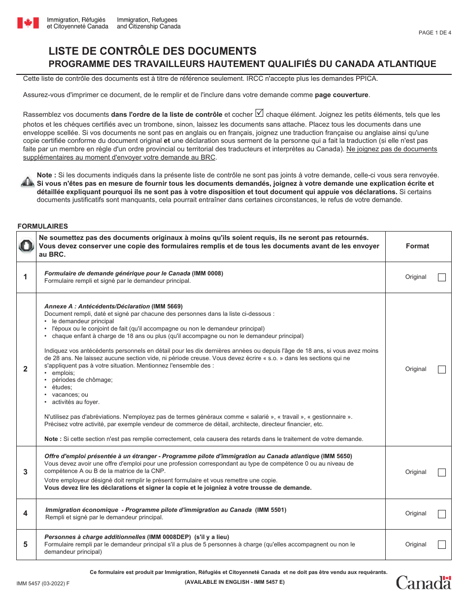 Form IMM5457 Liste De Controle DES Documents - Programme DES Travailleurs Hautement Qualifie Du Canada Atlantique (French), Page 1
