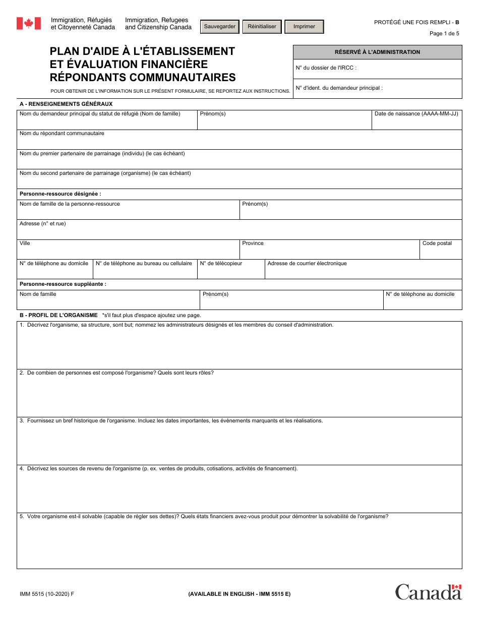 Forme IMM5515 Plan Daide a Letablissement Et Evaluation Financiere Repondants Communautaires - Canada (French), Page 1