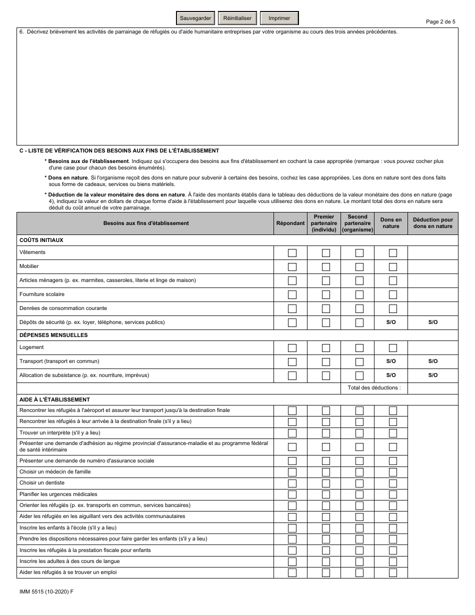 Forme IMM5515 Plan Daide a Letablissement Et Evaluation Financiere Repondants Communautaires - Canada (French), Page 2