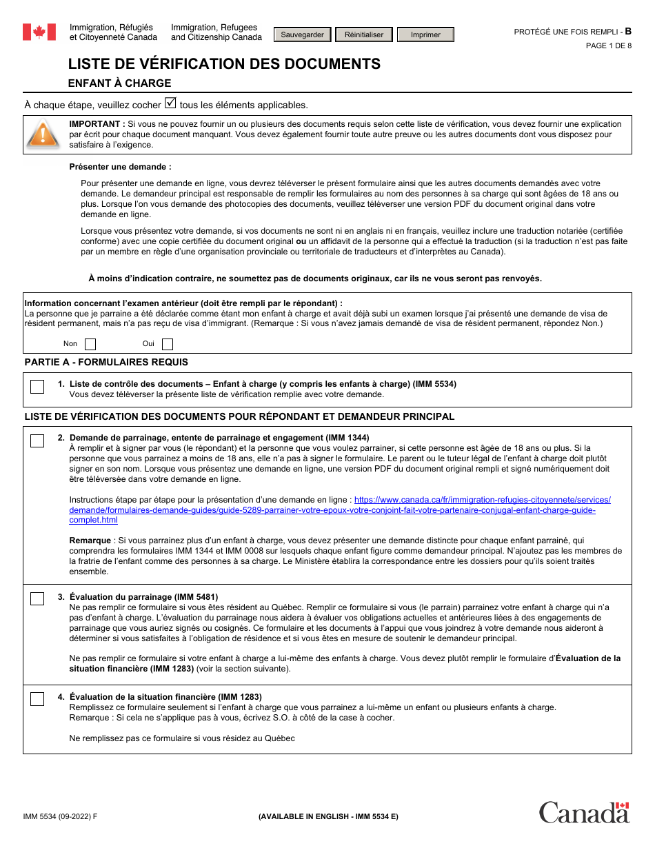Forme IMM5534 Liste De Verification DES Documents - Enfant a Charge - Canada (French), Page 1