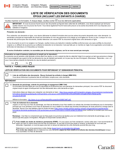Forme IMM5533 Liste De Verification DES Documents Epoux (Incluant Les Enfants a Charge) - Canada (French)