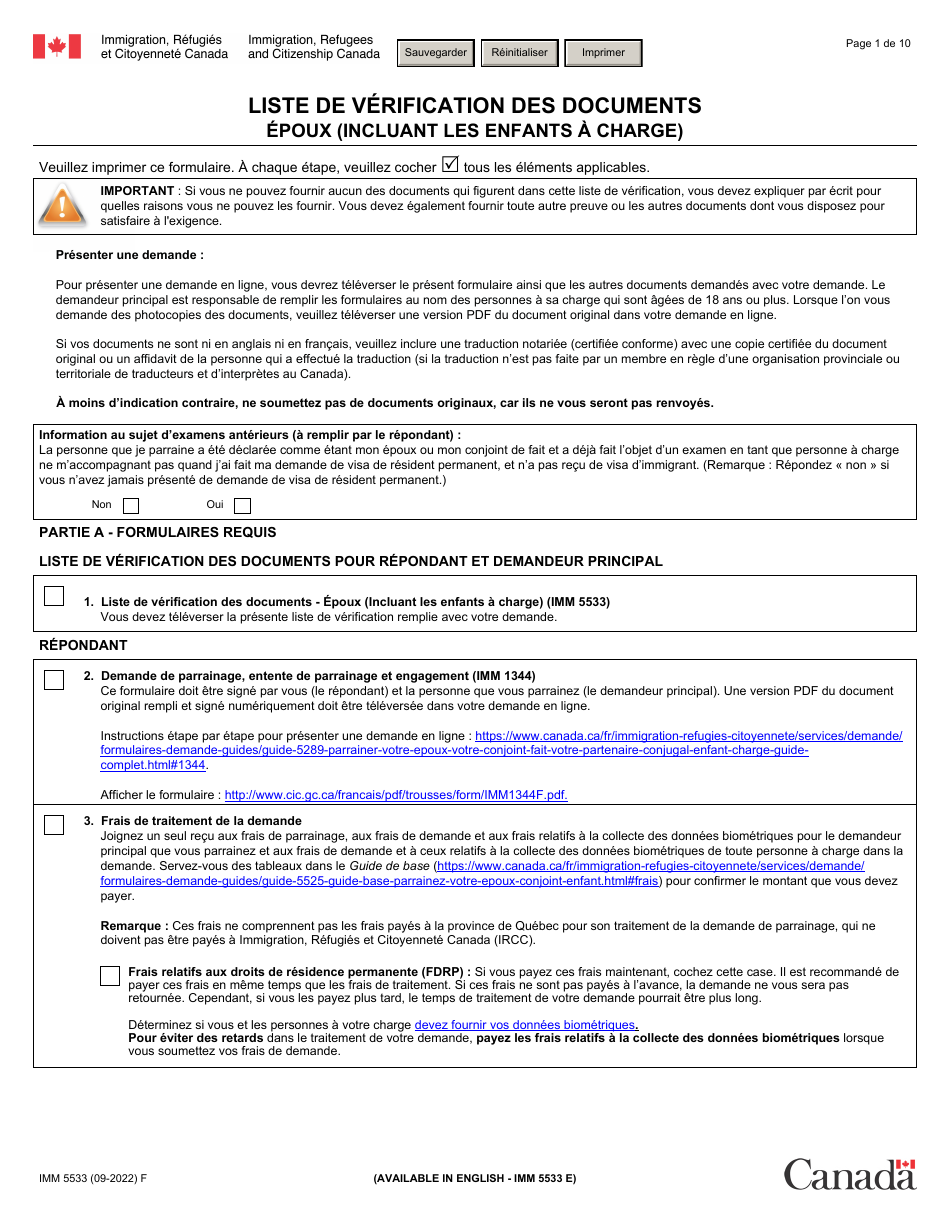 Forme IMM5533 Liste De Verification DES Documents Epoux (Incluant Les Enfants a Charge) - Canada (French), Page 1