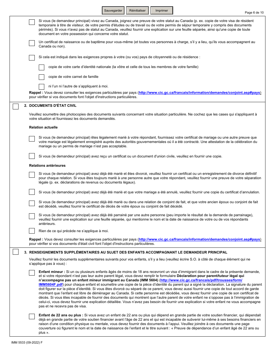 Forme IMM5533 Liste De Verification DES Documents Epoux (Incluant Les Enfants a Charge) - Canada (French), Page 6
