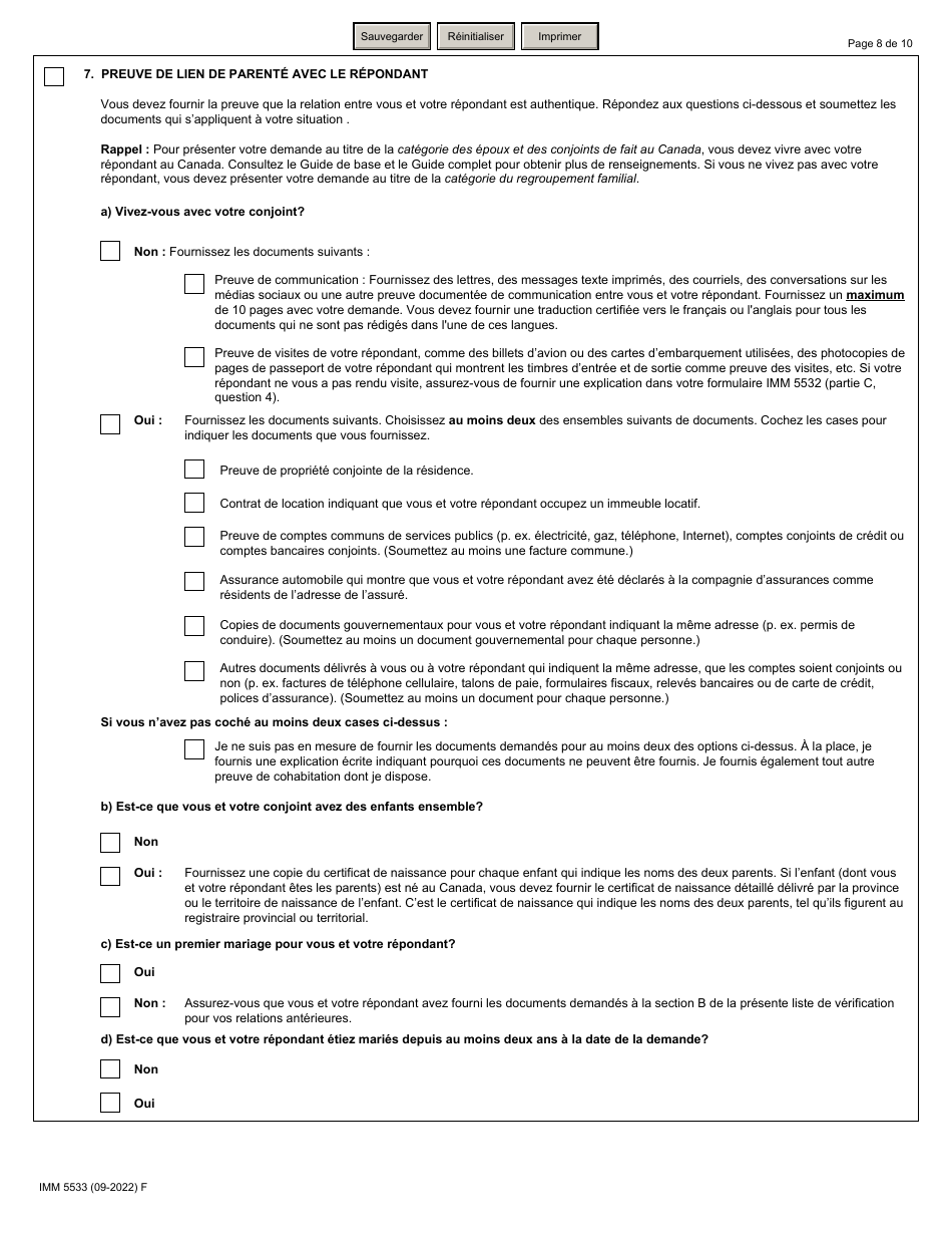 Forme IMM5533 Liste De Verification DES Documents Epoux (Incluant Les Enfants a Charge) - Canada (French), Page 8