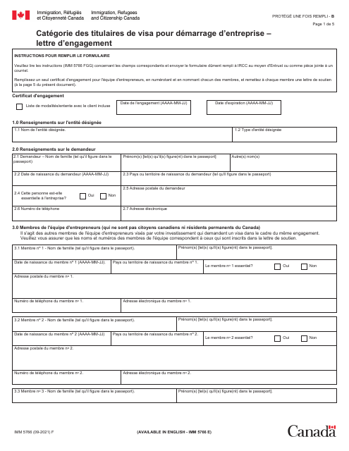 Forme IMM5766 Categorie DES Titulaires De Visa Pour Demarrage D'entreprise - Lettre D'engagement - Canada (French)