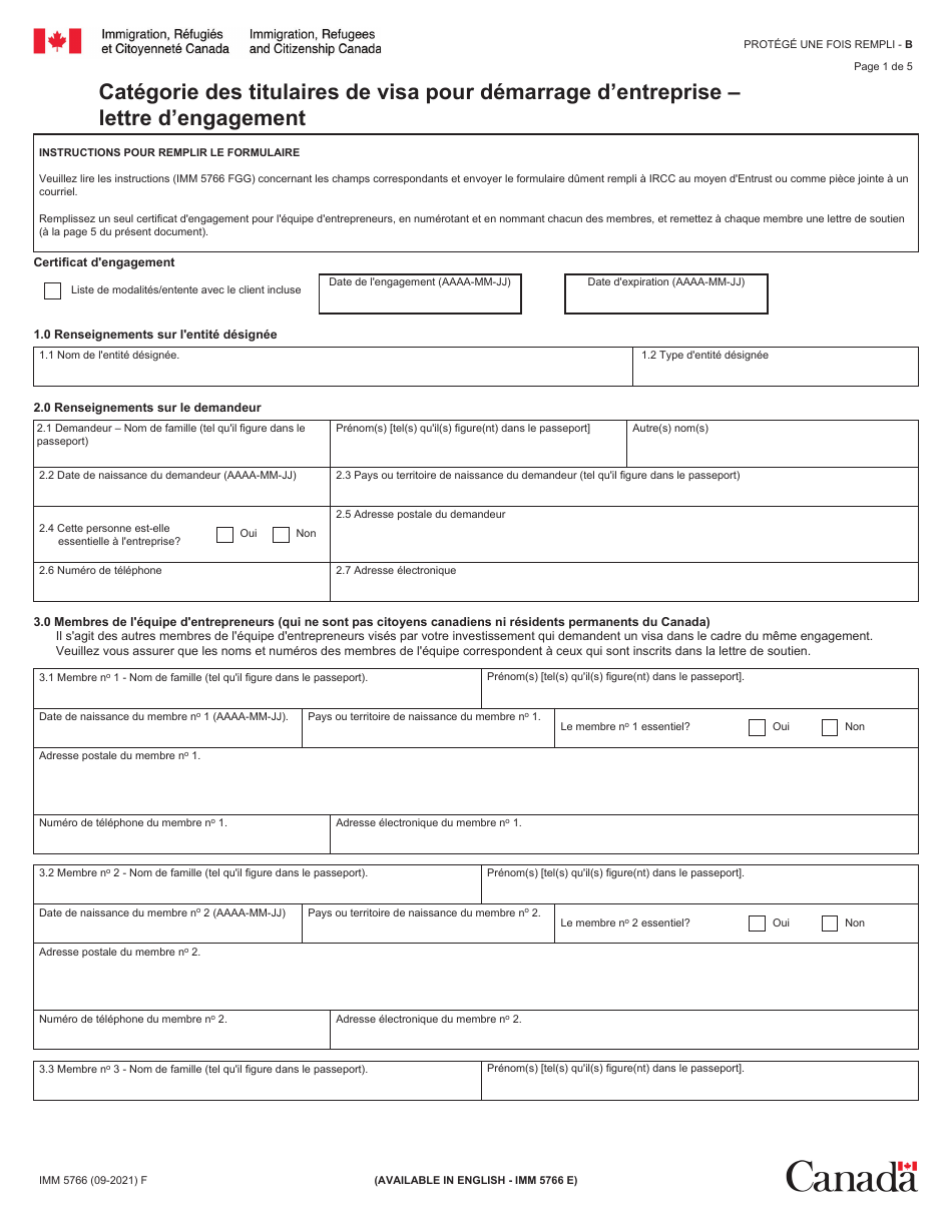 Forme IMM5766 Categorie DES Titulaires De Visa Pour Demarrage Dentreprise - Lettre Dengagement - Canada (French), Page 1